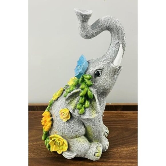 Outdoor Elephant Sculpture Statue - Solar Garden Elephant with 7 LED Succulent - Picture 1 of 6